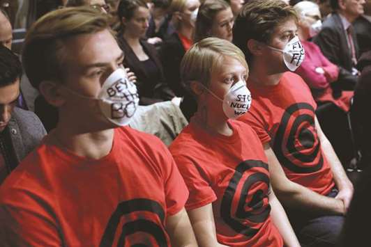 Anti-nuclear war protesters sit in a hearing of the US Senate Foreign Relations Committee about presidential authority to use nuclear weapons on Capitol Hill in Washington yesterday.