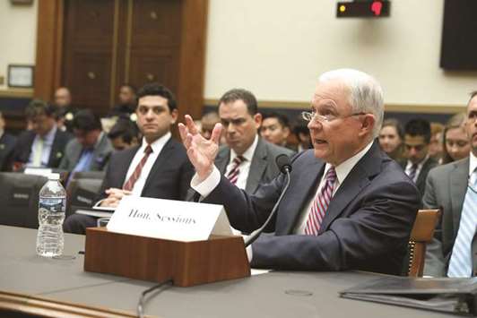 US Attorney General Jeff Sessions testifies before a House Judiciary Committee hearing on oversight of the Justice Department on Capitol Hill in Washington yesterday.
