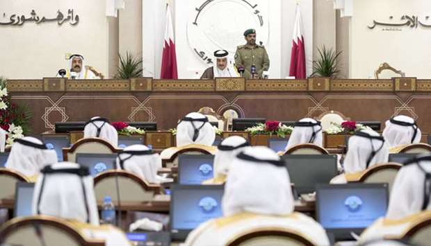 His Highness the Emir Sheikh Tamim bin Hamad al-Thani addressing the opening of the 46th ordinary session of the Advisory Council yesterday at the Councilu2019s premises.
