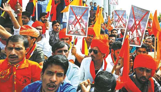 Demonstrators chant slogans as they protest against the release of Padmavati in Bengaluru yesterday.