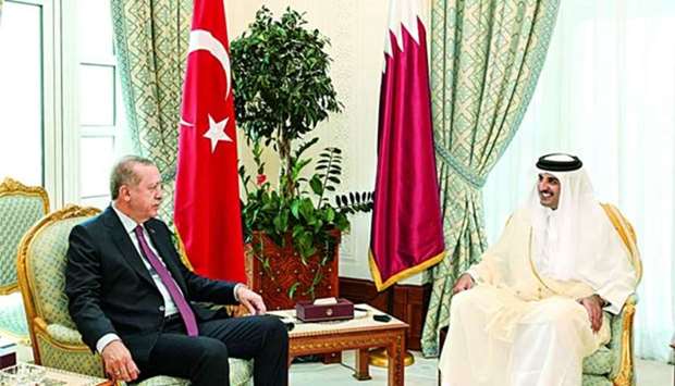 His Highness the Emir Sheikh Tamim bin Hamad al-Thani holding talks with Turkish President Recep Tayyip Erdogan at the Emiri Diwan on Wednesday.