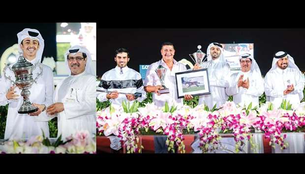 Qatar Racing and Equestrian Club (QREC) vice chief steward Abdullah Rashid al-Kubaisi (right) presents the owneru2019s trophy to Khalifa bin Sheail al-Kuwari after The Blue Eye won the Al Safliya Cup (listed) at the QREC yesterday.  RIGHT: QREC vice chief steward Abdullah Rashid al-Kubaisi (second from right) and Saad Mubarak al-Hajri (right) with the winners of Al Wukair Cup after Footprintinthesand won the race yesterday. PICTURES: Juhaim
