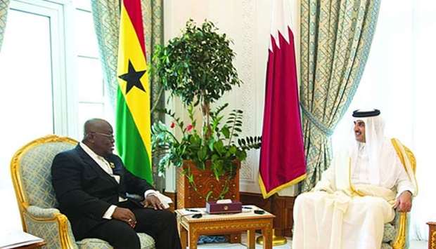 His Highness the Emir Sheikh Tamim bin Hamad al-Thani meets Ghana's President Nana Akufo-Addo at the Emiri Diwan on Thursday.