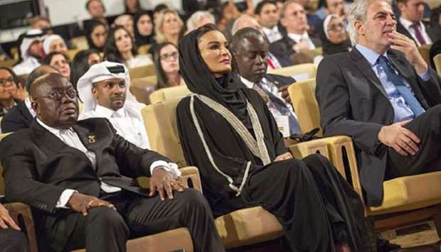 Her Highness Sheikha Moza bint Nasser attending the WISE 2017 session with Ghanaian President Nana Akufo-Addo (left) in Doha on Thursday. Picture: AR Al-Baker/HHOPL