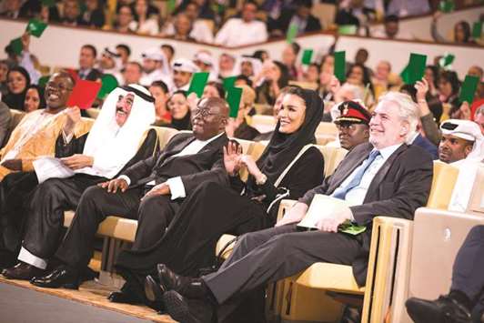 Her Highness Sheikha Moza bint Nasser attending the Education Above All plenary session at WISE 2017 yesterday with Nana Akufo-Addo, President of Ghana and co-chair of SDG Advocates, HE Dr Hamad bin Abdulaziz al-Kuwari, adviser at the Emiri Diwan, and other dignitaries. During the session, world leaders called for action to help young refugees and internally displaced youths through education and innovative solutions. PICTURES: AR Al-Baker/HHOPL