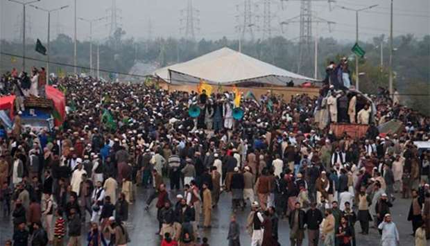 Members of the Tehreek-e-Labaik Pakistan gather during a sit-in in Rawalpindi on Friday.