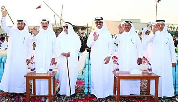 HE Sheikh Khalid bin Hamad al-Thani looks on as Katara general manager Dr Khalid bin Ibrahim al-Sulaiti, adviser at the Emiri Diwan HE Dr Hamad bin Abdulaziz al-Kuwari, HE the Minister of Energy and Industry Dr Mohamed bin Saleh al-Sada, and other dignitaries see off the 16 Qatari sailors taking part in the 3rd Fath al-Kheir Voyage at Katara on Friday. PICTURES: Jayan Orma