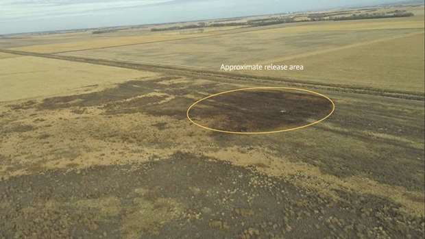 An aerial view shows the darkened ground of an oil spill which shut down the Keystone pipeline.
