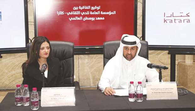 Katara general manager Dr Khalid bin Ibrahim al-Sulaiti and Boston Global Institute executive director Dr Randya Kemer during the MoU signing ceremony..