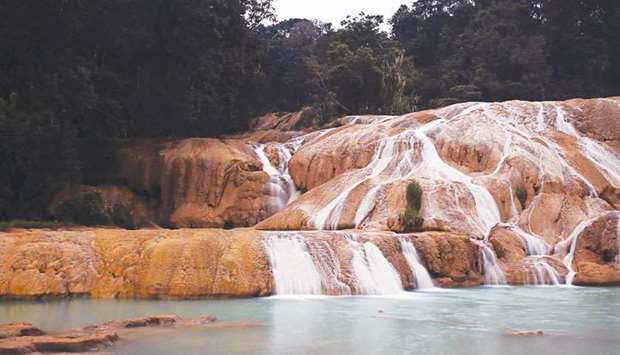 The u2018Blue Wateru2019 river main waterfall, in Tumbala municipality, Chiapas state, Mexico.