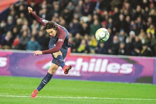 Paris Saint-Germainu2019s Uruguayan forward Edinson Cavani shoots during his teamu2019s match against Nantes (FCN) at the Parc des Princes stadium in Paris yesterday.