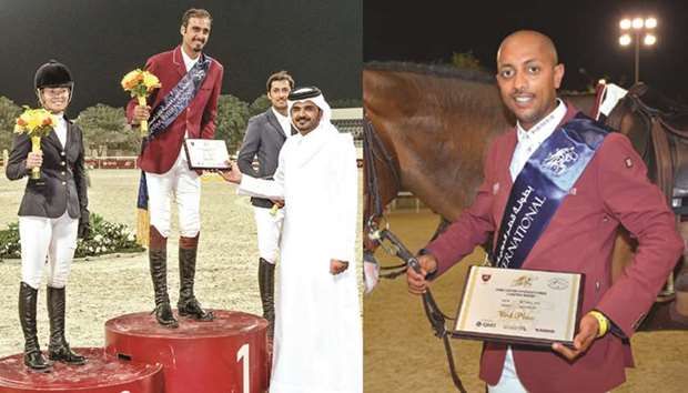 Qatar Olympic Committee President HE Sheikh Joaan bin Hamad al-Thani (right) honours Sheikh Ali bin Khalid al-Thani (second from left), who won the Grand Prix event of the Qatar International Show Jumping Championship, as second-placed Edwina Tops-Alexander (left) of Australia and third-placed Ali al-Khorafi of Kuwait look on.  RIGHT: Qataru2019s Bassem Mohamed with The Toymaker clinched the 145cm class at the Qatar International Show Jumping Championship.