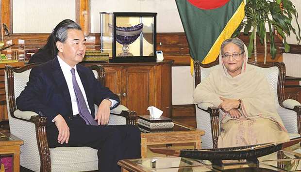 Bangladesh Prime Minister Sheikh Hasina and Chinese Foreign Minister Wang Yi holding talks in Dhaka.