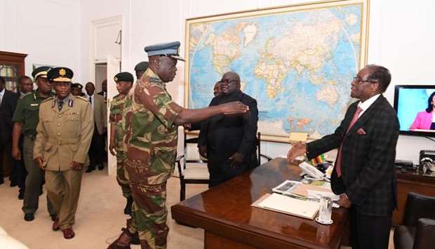 President Robert Mugabe meets with senior members of the Zimbabwe Defence Forces and police at State House yesterday in Harare.
