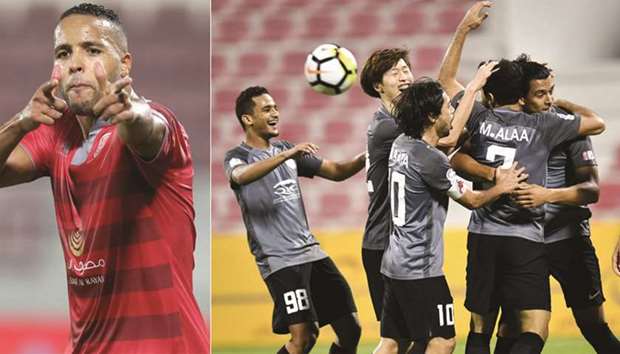 Al Duhailu2019s Youssef El Arabi celebrates after scoring against Al Kharaitiyat yesterday.  RIGHT: Al Rayyan players celebrate their success.