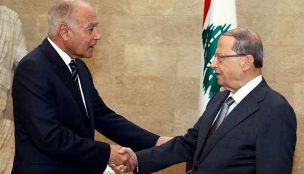 Arab League chief Ahmed Abul Gheit (left) meeting Lebanese President Michel Aoun at the Baabda presidential palace in Beirut on Monday.