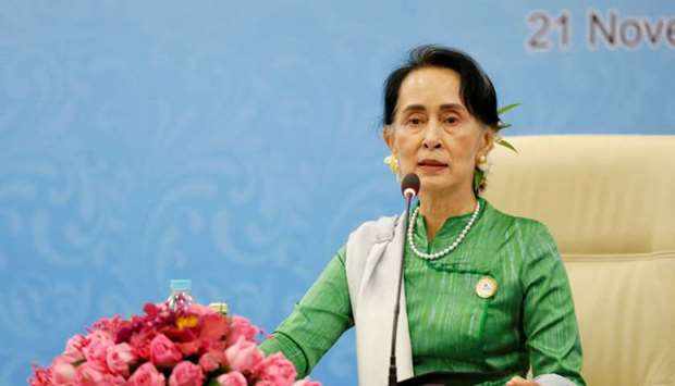 Myanmar State Counselor Aung San Suu Kyi speaks during a news conference at the Asia Europe Foreign Ministers (ASEM) in Naypyitaw.