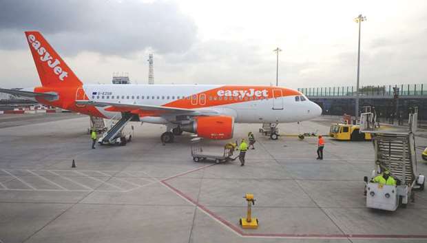 An EasyJet flight at Gibraltar airport. The airlineu2019s share price shot up 5.1% yesterday despite annual net profit dropping by almost one third.