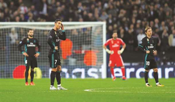 Real Madridu2019s Cristiano Ronaldo looks dejected after Tottenhamu2019s Christian Eriksen scores their third goal during the Champions League match in London. (Reuters)