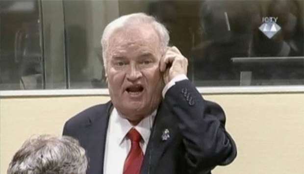 Ex-Bosnian Serb wartime general Ratko Mladic reacts in court at the International Criminal Tribunal for the former Yugoslavia in The Hague on Wednesday.