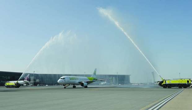 SalamAir's inaugural flight from Muscat receiving a water salute on its arrival at the Hamad International Airport  (supplied picture).