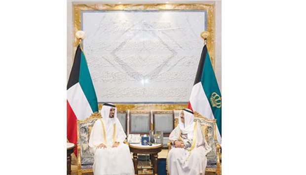 His Highness Sheikh Jassim bin Hamad al-Thani meeting with the Emir of Kuwait Sheikh Sabah al-Ahmad al-Jaber al-Sabah at Bayan Palace in Kuwait City yesterday.