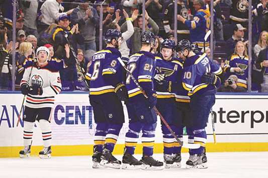 St. Louis Blues right wing Vladimir Tarasenko (second from right) is congratulated by teammates after scoring against the Edmonton Oilers during the NHL game at Scottrade Center in St. Louis, Missouri, on Tuesday. (USA TODAY Sports)