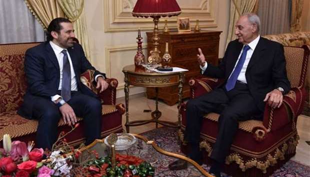 Lebanon's Prime Minister Saad Hariri (left) meeting Parliament Speaker Nabih Berri in Beirut on Wednesday.