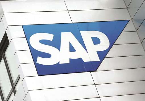 The SAP logo is seen at its headquarters in Walldorf, Germany. The company said one of its executives in the Gulf had resigned and another was on administrative leave, without giving further details.
