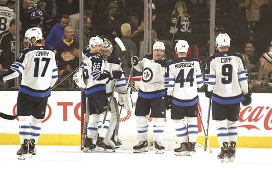 The Winnipeg Jets celebrate after defeating the Los Angeles Kings 2-1 in their NHL game at Staples Centre. PICTURE: USA TODAY Sports