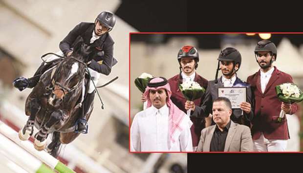 Kuwaitu2019s Rakan al-Hasawi astride Dennis en route during the Al Rayyan International Show Jumping Championship at QEF yesterday.  RIGHT INSERT: Qataru2019s Salmeen Sultan al-Suwaidi (centre), Hamad Nasser al-Qadi (left) and Yousuf al-Rumaihi pose with the officials during the 135cm class podium ceremony.  PICTURES: Mohamed Tinakicht