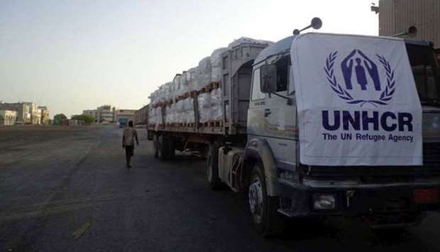 A truckload full of UNHCR aid in Yemen