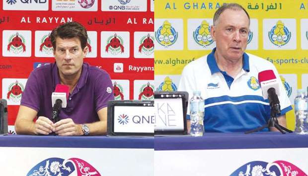 Al Rayyan coach Michael Laudrup (left) and Al Gharafa counterpart Jean Fernandez address a press conference on the eve of their QNB Stars League match.