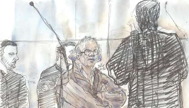 A court sketch shows Abdelhakim Dekhar (C), accused of several attempted murders
