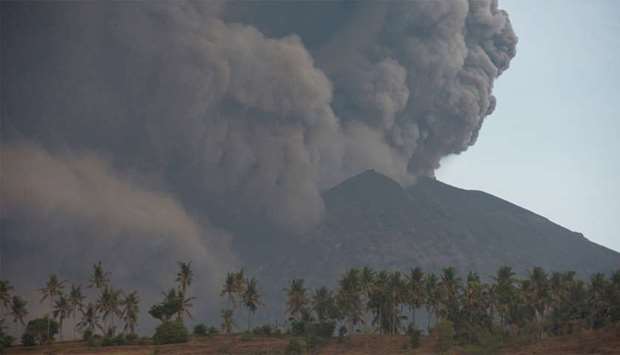 Mount Agung volcano erupts, as seen from Culik Village, Karangasem, Bali, Indonesia