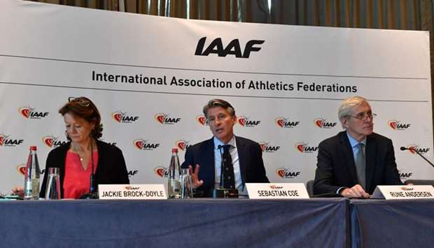 International Association of Athletics Federations (IAAF) President Sebastian Coe, Independent chairperson of the IAAF Taskforce for Russia, Rune Andersen (R) and IAAF's communications director, Jackie Brock-Doyle address a press conference in Monaco.