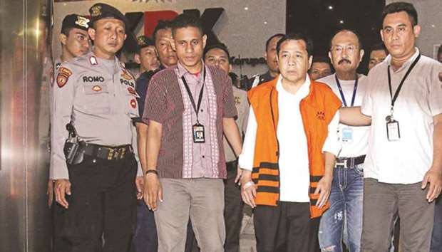 This picture taken on November 19 shows parliament speaker Setya Novanto (in orange) being escorted by officials from the Corruption Eradication Commission (KPK) in Jakarta.  The speaker in Indonesiau2019s parliament has been detained as a suspect in a major graft scandal which is estimated to have cost state losses of about $170mn.