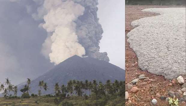 A view of Mount Agung volcano erupting from Culik village in Karangasem, Bali, Indonesia.  RIGHT: Cooled lava is seen near the base of Mount Agung.
