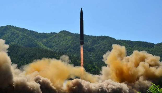 The intercontinental ballistic missile Hwasong-14 is seen during its test in this undated photo released by North Korea's Korean Central News Agency (KCNA) in Pyongyang, North Korea.  July 5, 2017 file photo.