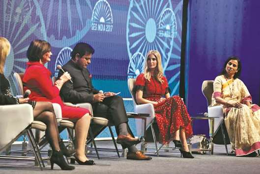 Cherie Blair, founder of Cherie Blair foundation for women, Telangana IT Minister K T Rama Rao, Ivanka Trump, and Chanda Kochhar, managing director and CEO of ICICI Bank attend a panel discussion at the Global Entrepreneurship Summit in Hyderabad yesterday.