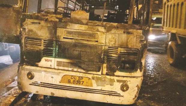 The wreckage of the bus that caught fire in south Delhi yesterday.