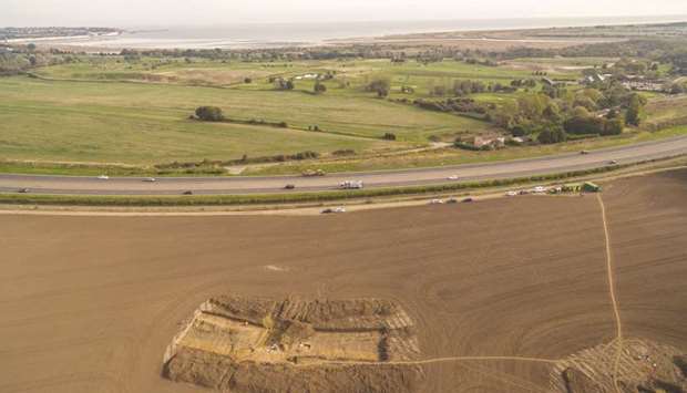 An aerial view of the excavations at Ebbsfleet, a hamlet on the southern coast of the Isle of Thanet, southern England, shows Pegwell Bay and the cliffs at Ramsgate.