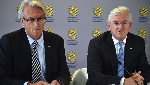 Football Federation Australia chairman Steven Lowy (R) and chief executive officer David Gallop (L)