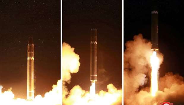 Korean Central News Agency (KCNA) shows launching of the Hwasong-15 missile which is capable of reaching all parts of the US