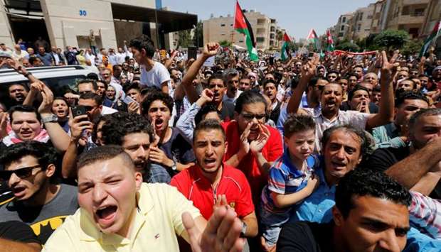 Protesters chanting slogans during a demonstration near the Israeli embassy in Amman, Jordan, on July 28, 2017.