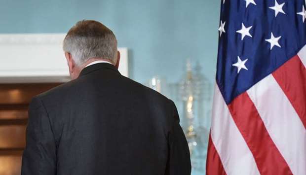 New York Times quoted senior administration officials as saying Trump had soured on Tillerson and was ready for a change at the State Department. Picture: US Secretary of State Rex Tillerson heads to a bilateral meeting today with Germany's Foreign Minister Sigmar Gabriel after posing for photos at the State Department in Washington, DC