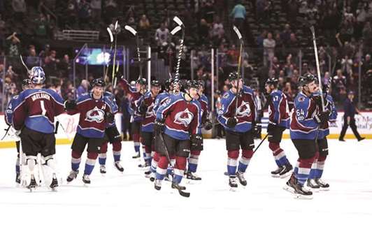Colorado Avalanche players celebrate their overtime NHL win against the Winnipeg Jets at the Pepsi Centre. PICTURE: USA TODAY Sports
