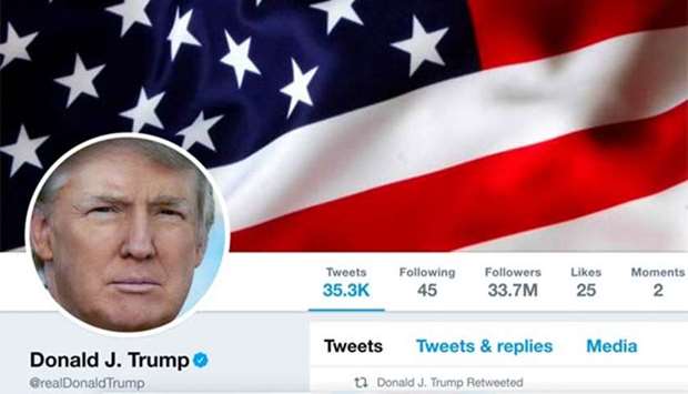 The masthead of President Donald Trump's @realDonaldTrump Twitter account is seen in this file photo.