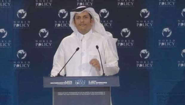 Qataru2019s Foreign Minister HE Sheikh Mohamed bin Abdulrahman al-Thani speaking during a lunch debate at the World Policy Conference in Morocco yesterday.