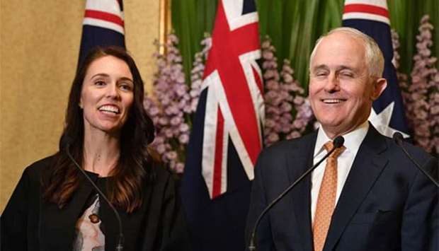Australia's Prime Minister Malcolm Turnbull and his New Zealand counterpart Jacinda Ardern smile at a question during a joint press conference after their meeting in Sydney on Sunday.